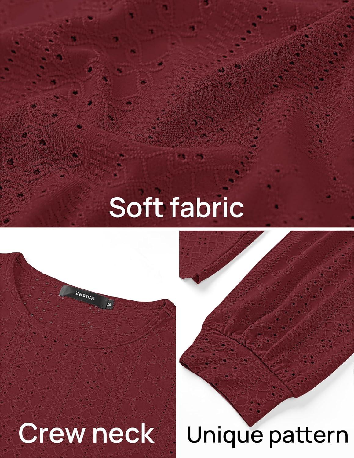 imageZESICA Long Sleeve Eyelet Tops for Womens Crew Neck Fall Shirts Casual Loose Blouses 2025 Trendy ClothesWine