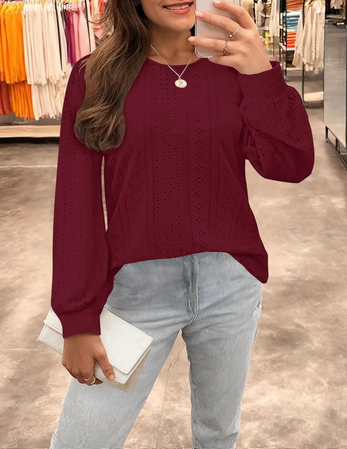 imageZESICA Long Sleeve Eyelet Tops for Womens Crew Neck Fall Shirts Casual Loose Blouses 2025 Trendy ClothesWine