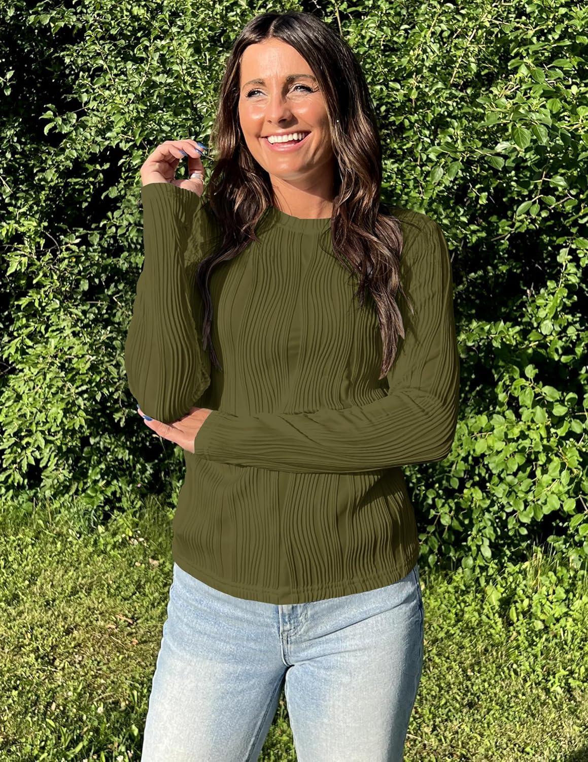 imageZESICA Long Sleeve Shirts for Women Tops 2025 Fall Fashion Trendy Slim fit Textured TshirtsArmygreen