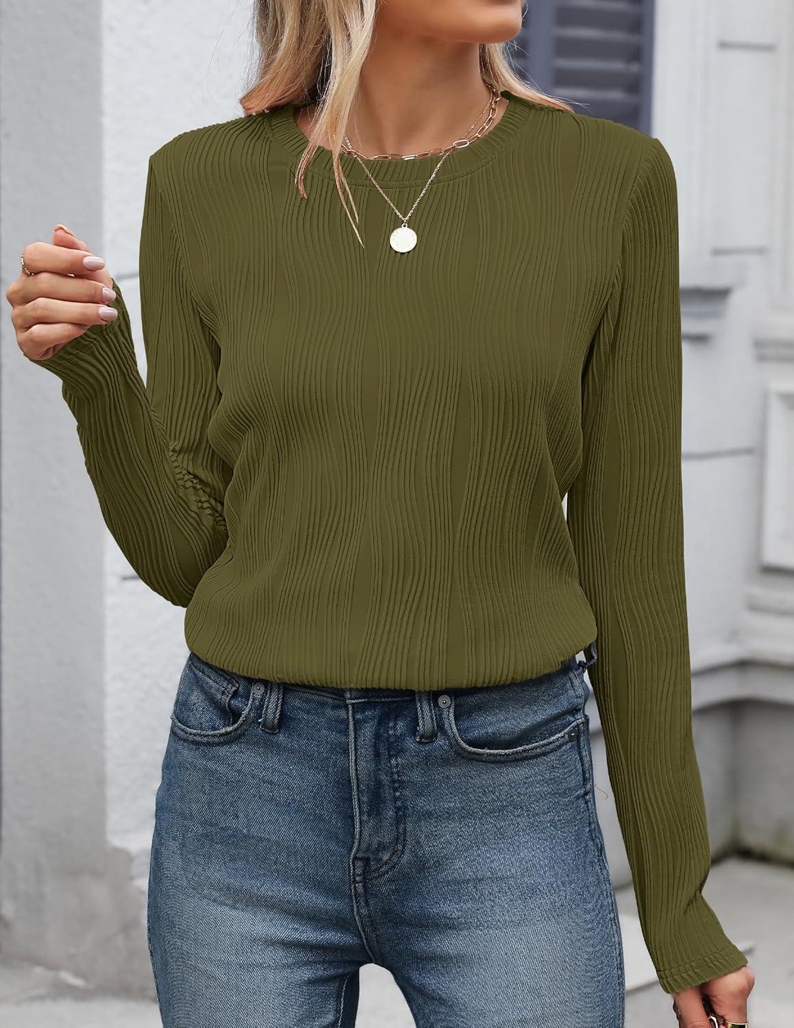 imageZESICA Long Sleeve Shirts for Women Tops 2025 Fall Fashion Trendy Slim fit Textured TshirtsArmygreen