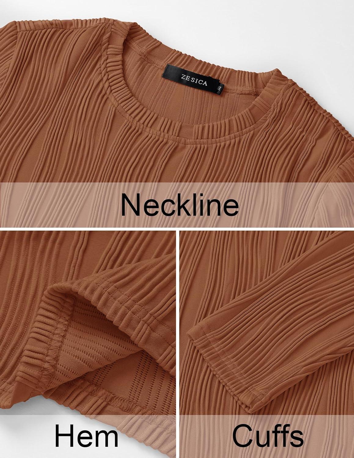 imageZESICA Long Sleeve Shirts for Women Tops 2025 Fall Fashion Trendy Slim fit Textured TshirtsBrown
