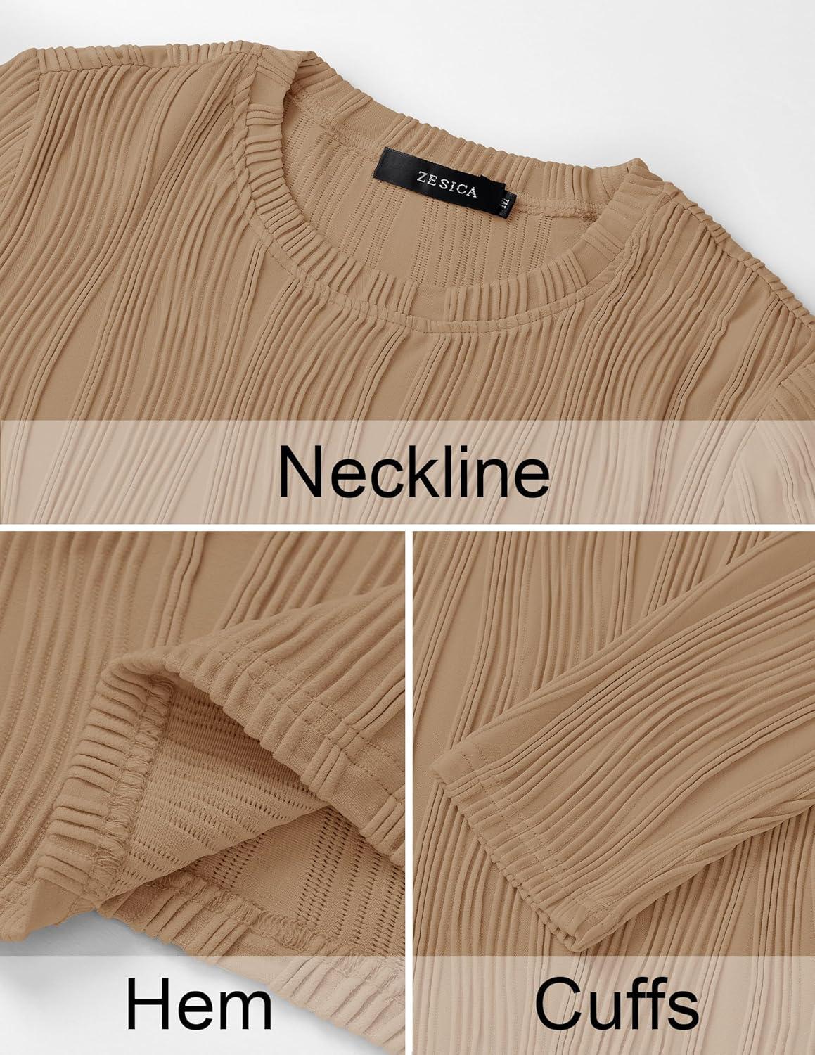 imageZESICA Long Sleeve Shirts for Women Tops 2025 Fall Fashion Trendy Slim fit Textured TshirtsKhaki