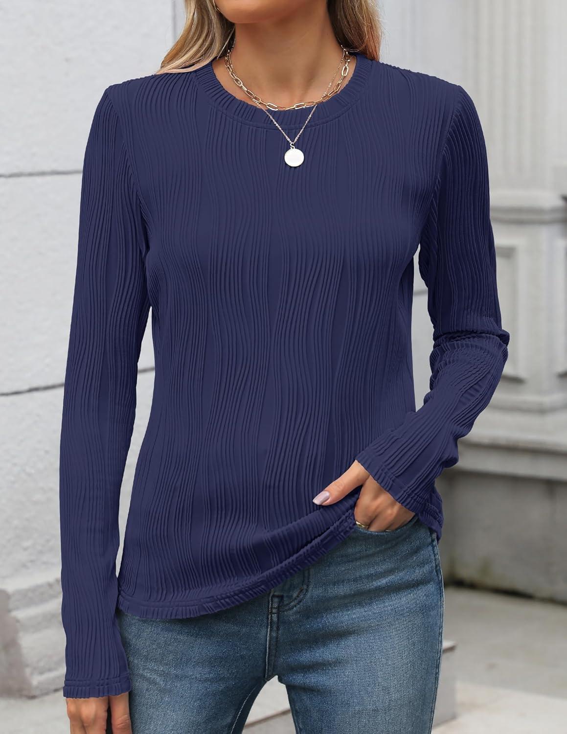 imageZESICA Long Sleeve Shirts for Women Tops 2025 Fall Fashion Trendy Slim fit Textured TshirtsNavy