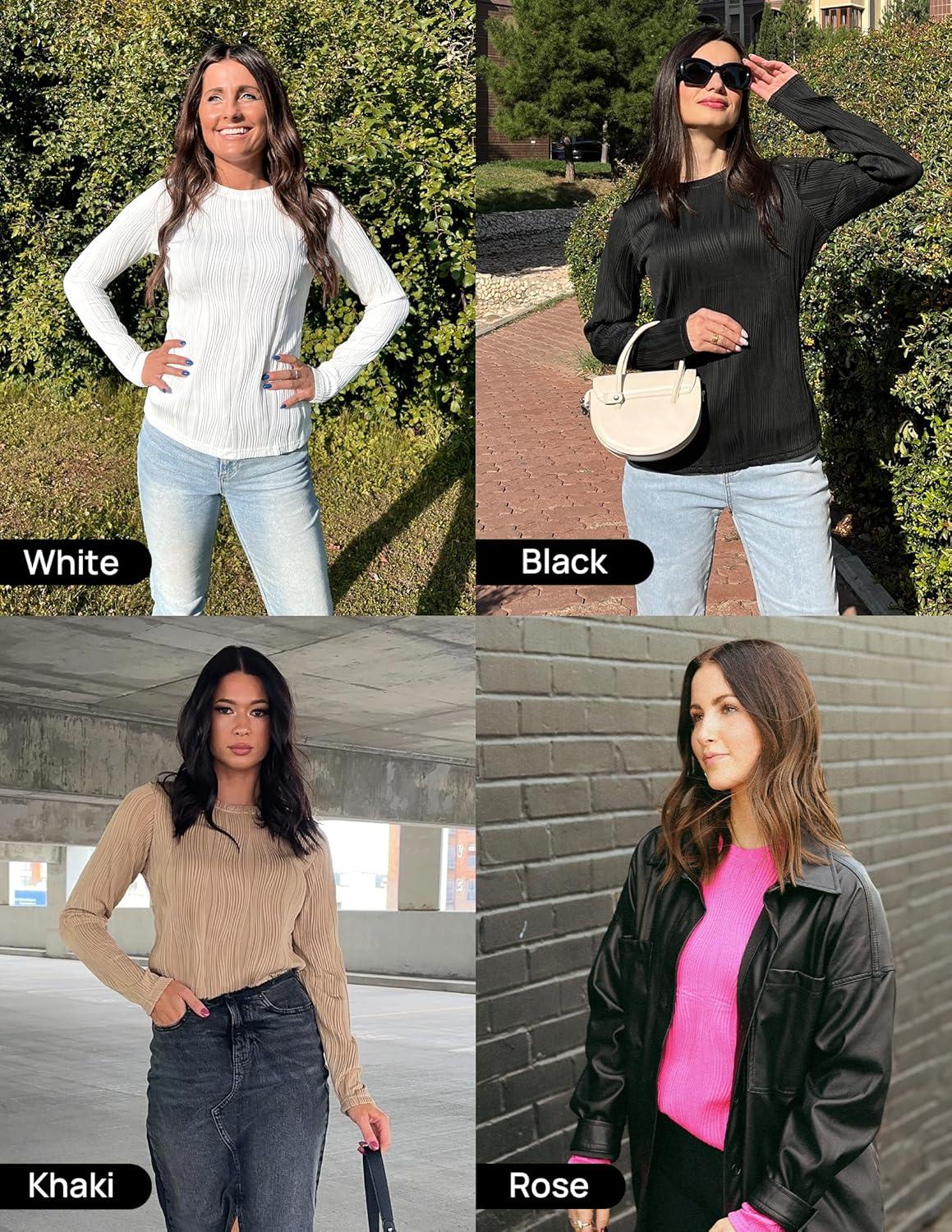 imageZESICA Long Sleeve Shirts for Women Tops 2025 Fall Fashion Trendy Slim fit Textured TshirtsPink