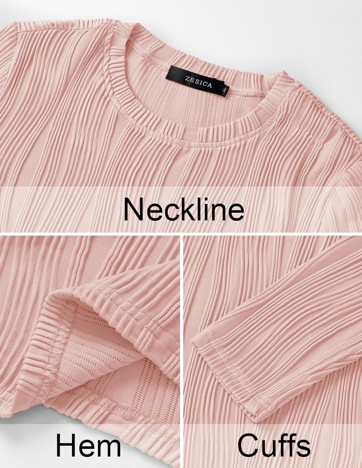 imageZESICA Long Sleeve Shirts for Women Tops 2025 Fall Fashion Trendy Slim fit Textured TshirtsPink