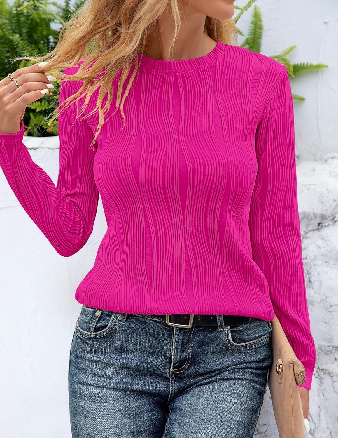 imageZESICA Long Sleeve Shirts for Women Tops 2025 Fall Fashion Trendy Slim fit Textured TshirtsRose