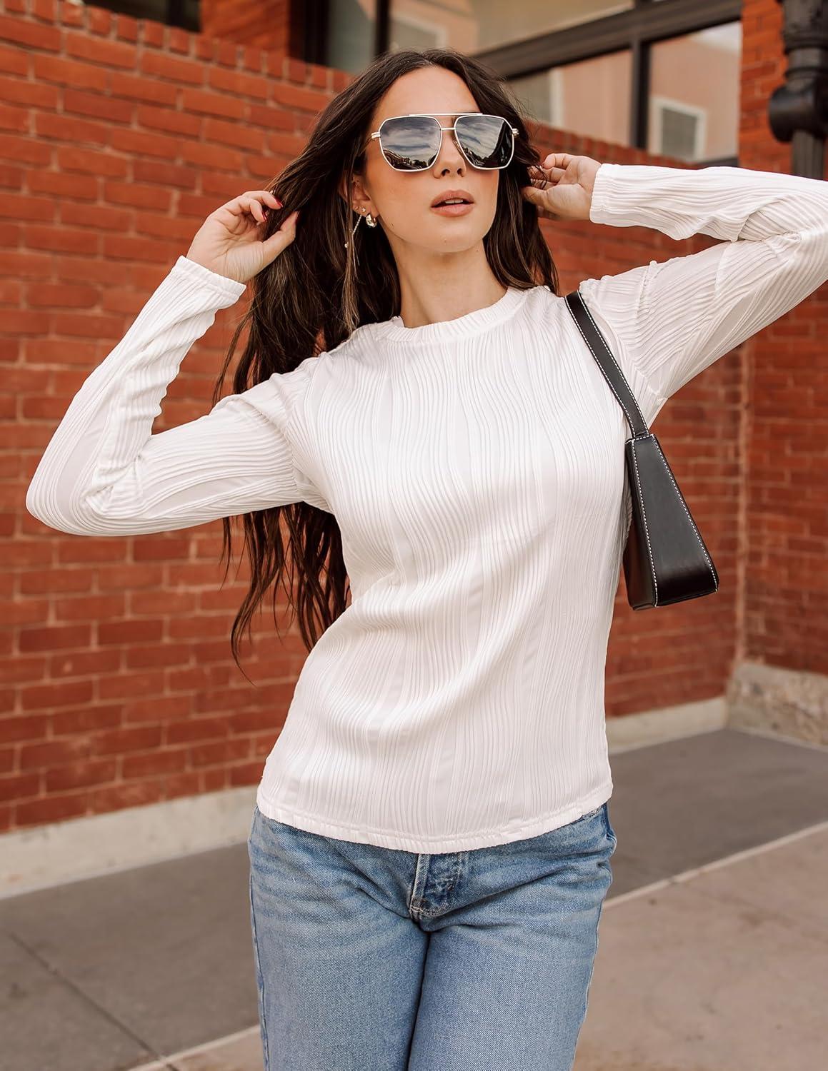 imageZESICA Long Sleeve Shirts for Women Tops 2025 Fall Fashion Trendy Slim fit Textured TshirtsWhite