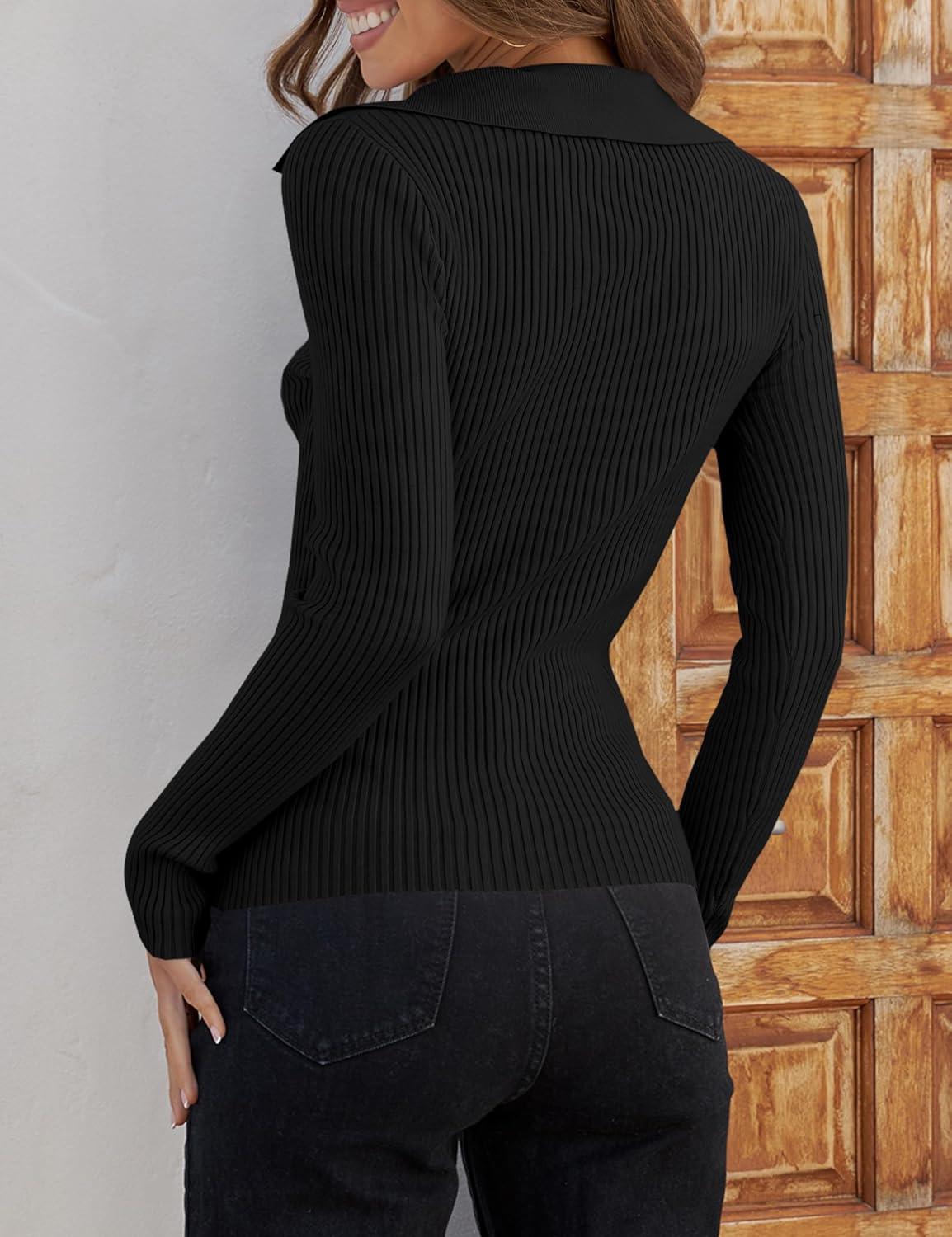 imageZESICA Sweaters for Women 2025 Fall Long Sleeve V Neck Ribbed Knit Pullover Tops Casual Slim Fit Basic Tee ShirtsBlack