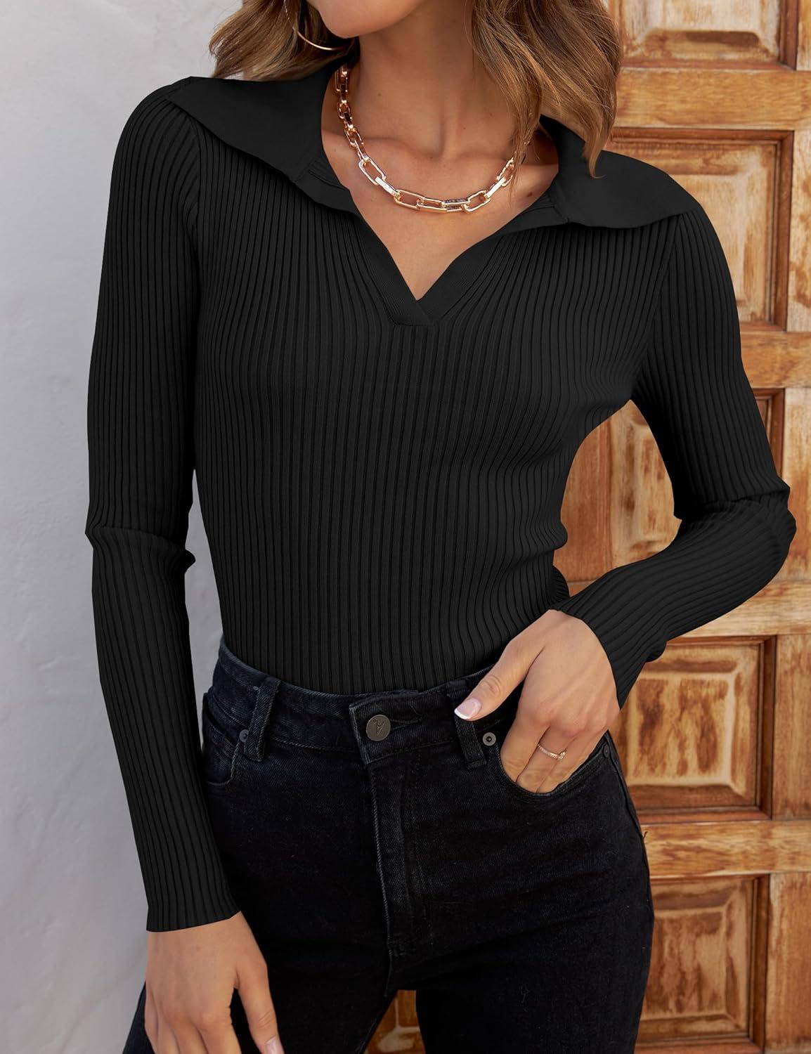 imageZESICA Sweaters for Women 2025 Fall Long Sleeve V Neck Ribbed Knit Pullover Tops Casual Slim Fit Basic Tee ShirtsBlack