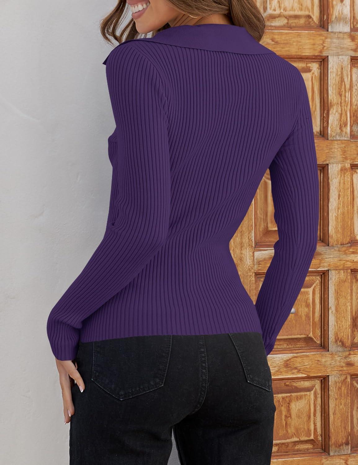 imageZESICA Sweaters for Women 2025 Fall Long Sleeve V Neck Ribbed Knit Pullover Tops Casual Slim Fit Basic Tee ShirtsDark Purple
