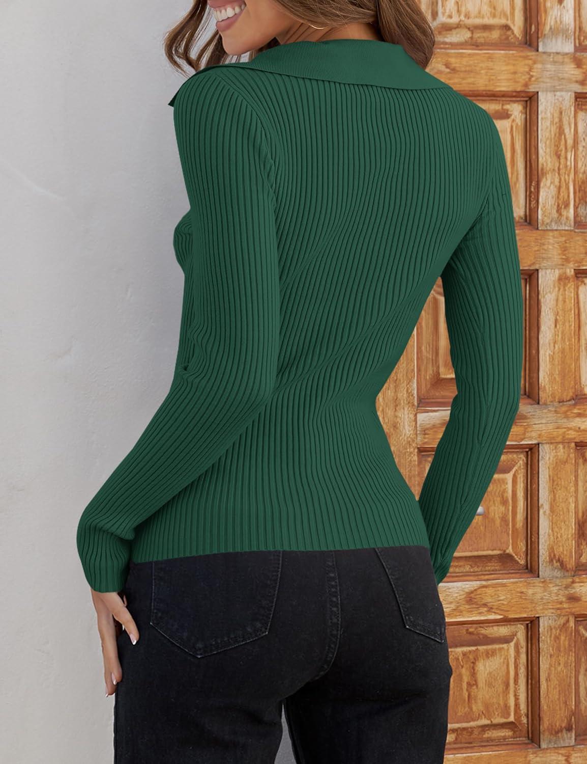 imageZESICA Sweaters for Women 2025 Fall Long Sleeve V Neck Ribbed Knit Pullover Tops Casual Slim Fit Basic Tee ShirtsDarkgreen