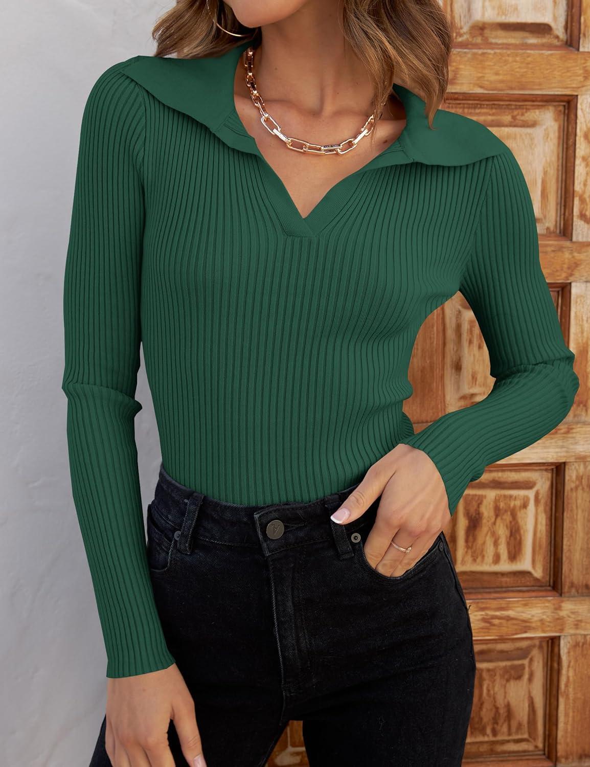 imageZESICA Sweaters for Women 2025 Fall Long Sleeve V Neck Ribbed Knit Pullover Tops Casual Slim Fit Basic Tee ShirtsDarkgreen