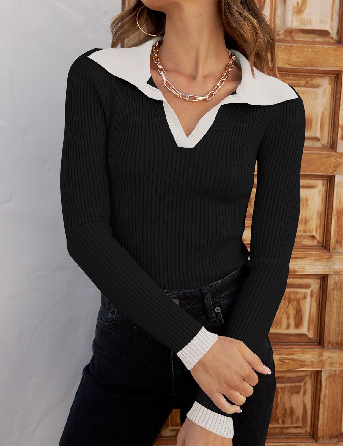 imageZESICA Sweaters for Women 2025 Fall Long Sleeve V Neck Ribbed Knit Pullover Tops Casual Slim Fit Basic Tee ShirtsDim