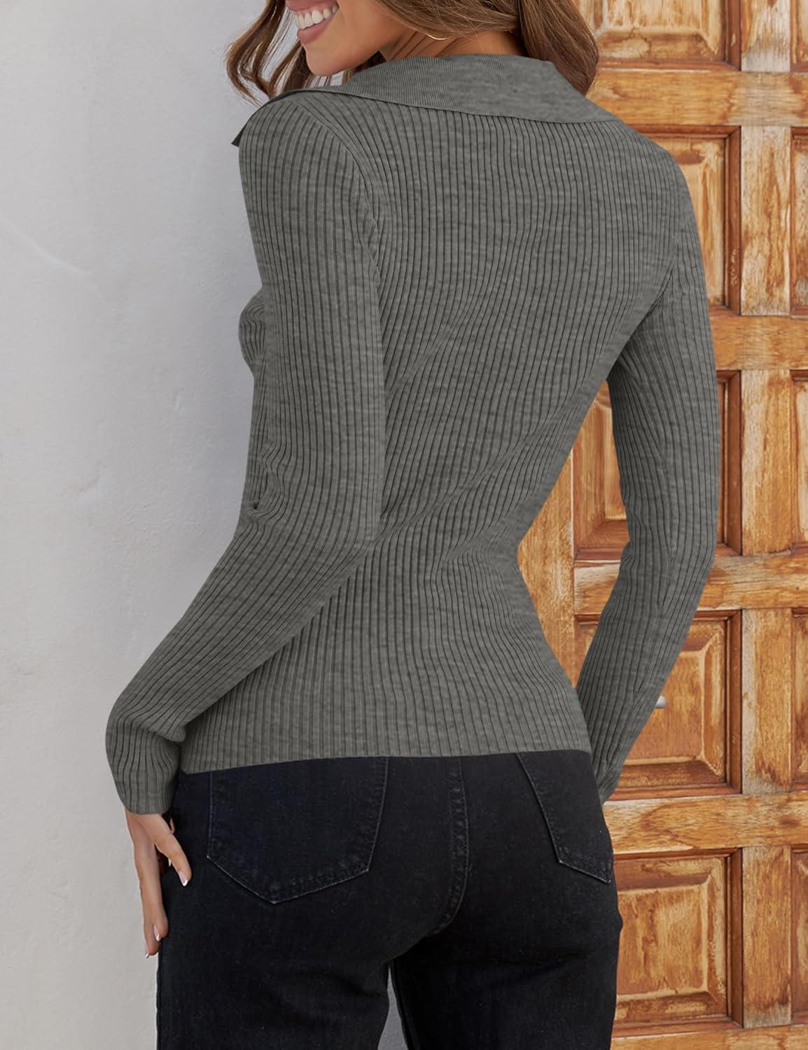 imageZESICA Sweaters for Women 2025 Fall Long Sleeve V Neck Ribbed Knit Pullover Tops Casual Slim Fit Basic Tee ShirtsGrey