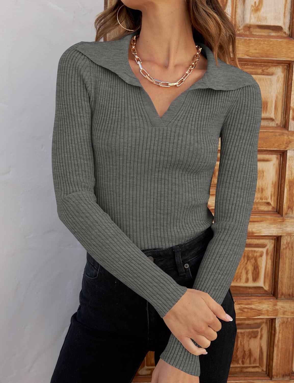 imageZESICA Sweaters for Women 2025 Fall Long Sleeve V Neck Ribbed Knit Pullover Tops Casual Slim Fit Basic Tee ShirtsGrey