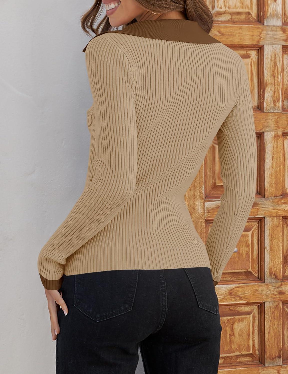 imageZESICA Sweaters for Women 2025 Fall Long Sleeve V Neck Ribbed Knit Pullover Tops Casual Slim Fit Basic Tee ShirtsKhaki