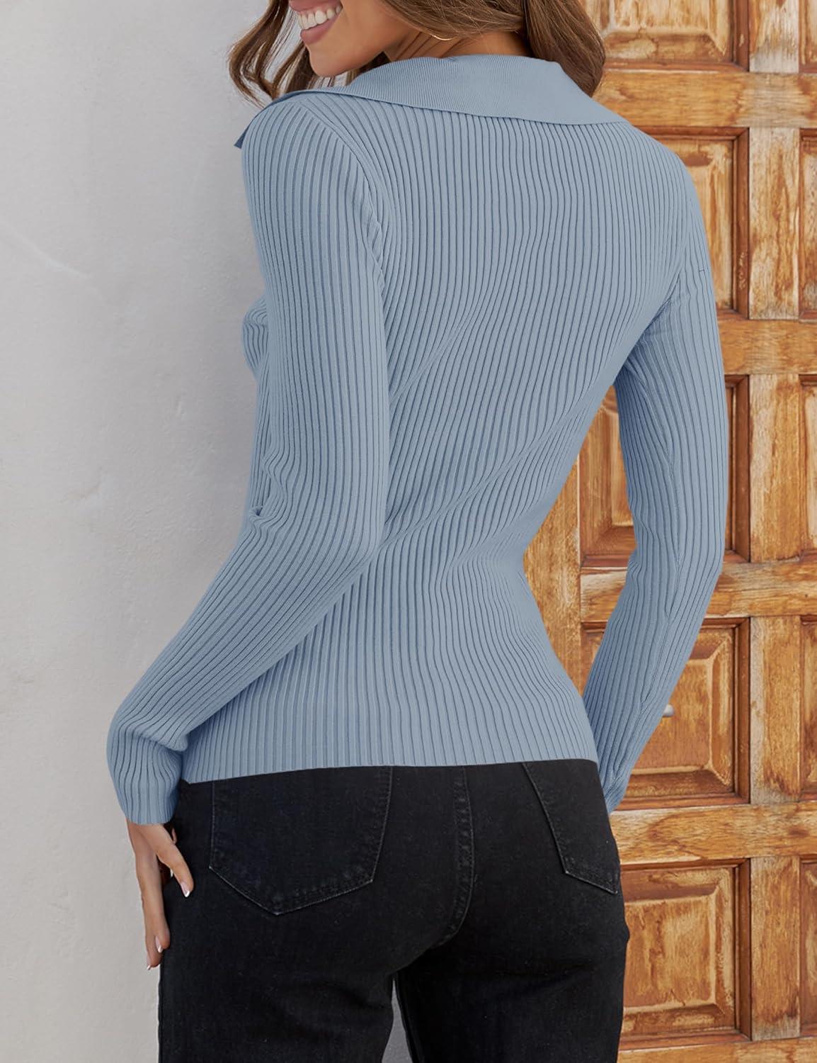 imageZESICA Sweaters for Women 2025 Fall Long Sleeve V Neck Ribbed Knit Pullover Tops Casual Slim Fit Basic Tee ShirtsLightblue