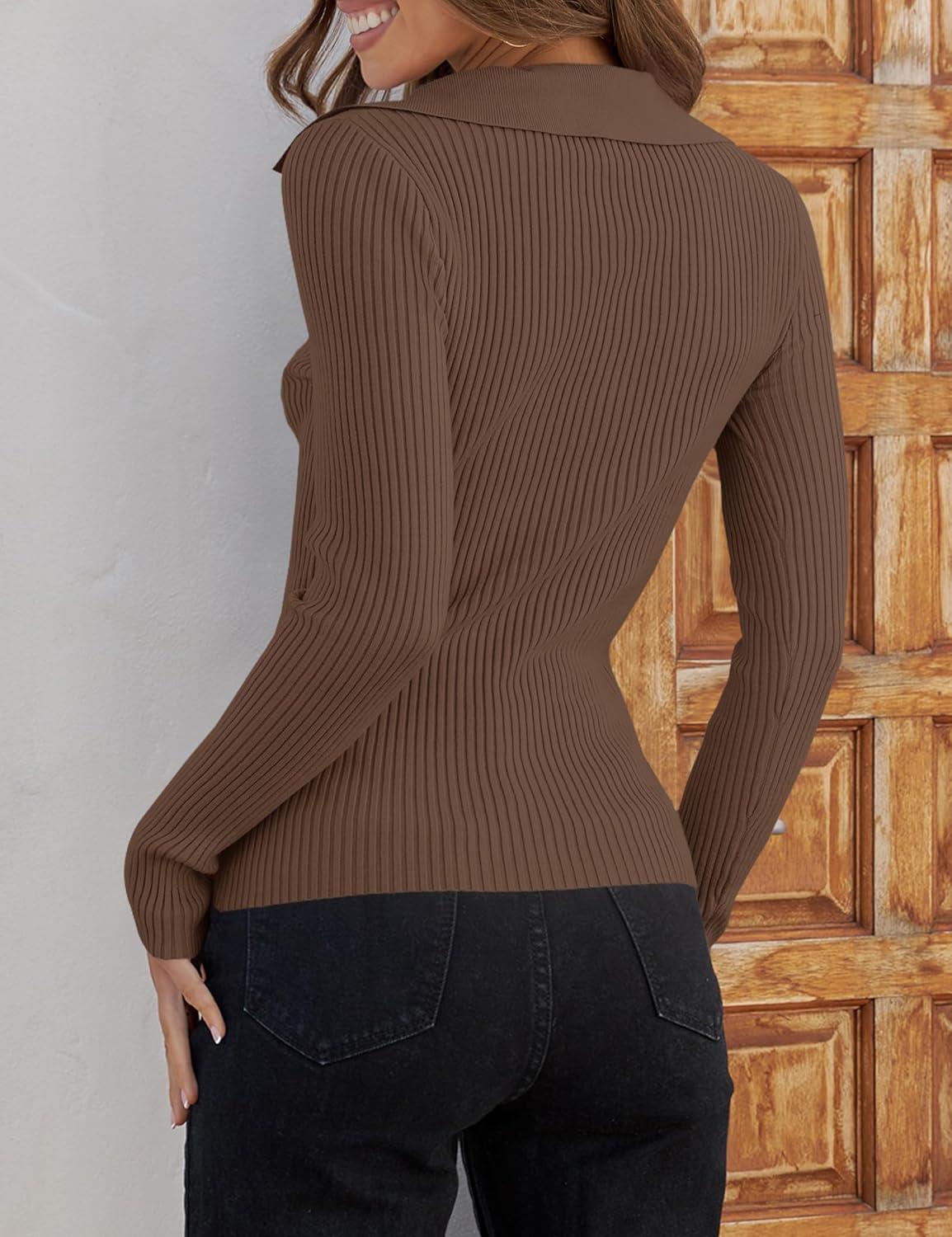 imageZESICA Sweaters for Women 2025 Fall Long Sleeve V Neck Ribbed Knit Pullover Tops Casual Slim Fit Basic Tee ShirtsMocha