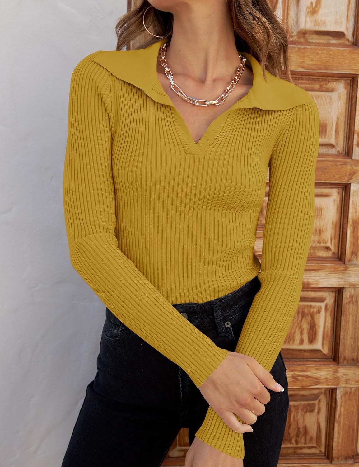 imageZESICA Sweaters for Women 2025 Fall Long Sleeve V Neck Ribbed Knit Pullover Tops Casual Slim Fit Basic Tee ShirtsMustard