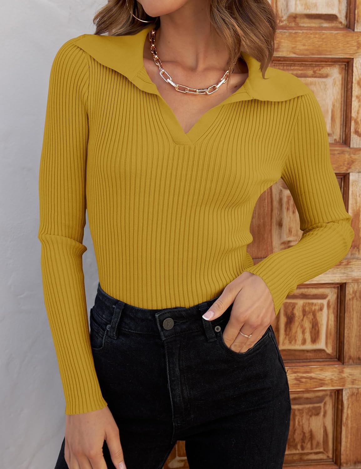 imageZESICA Sweaters for Women 2025 Fall Long Sleeve V Neck Ribbed Knit Pullover Tops Casual Slim Fit Basic Tee ShirtsMustard