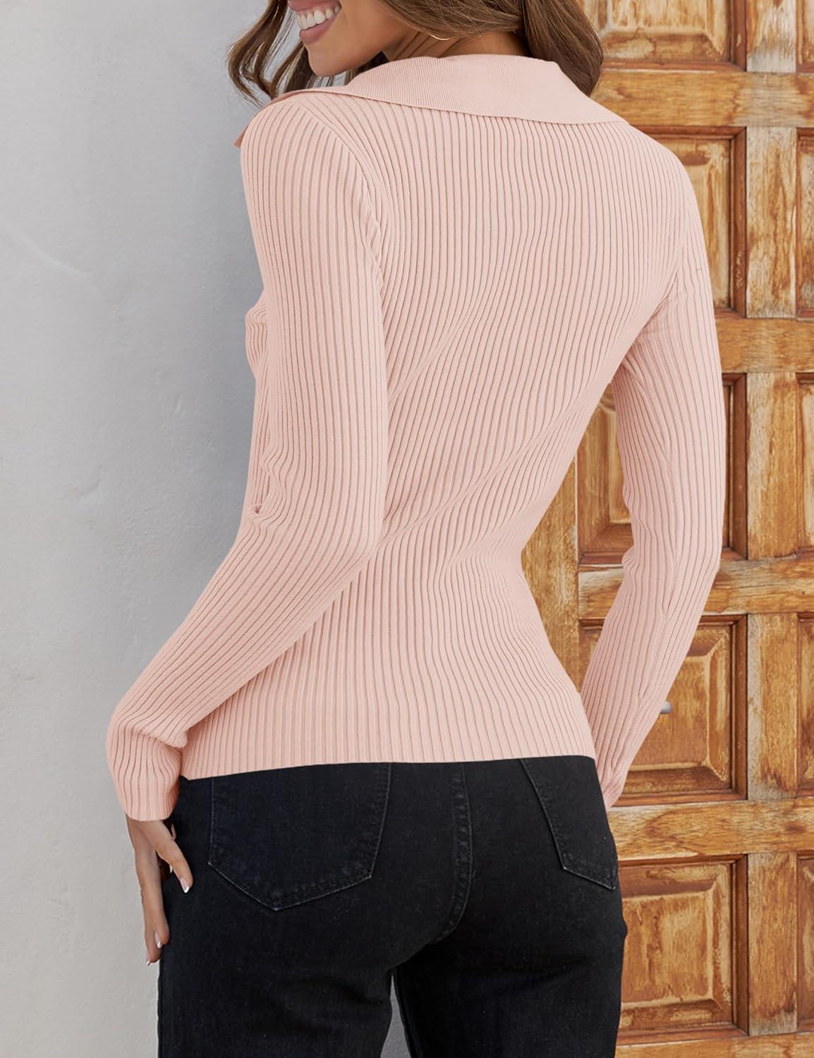 imageZESICA Sweaters for Women 2025 Fall Long Sleeve V Neck Ribbed Knit Pullover Tops Casual Slim Fit Basic Tee ShirtsPink
