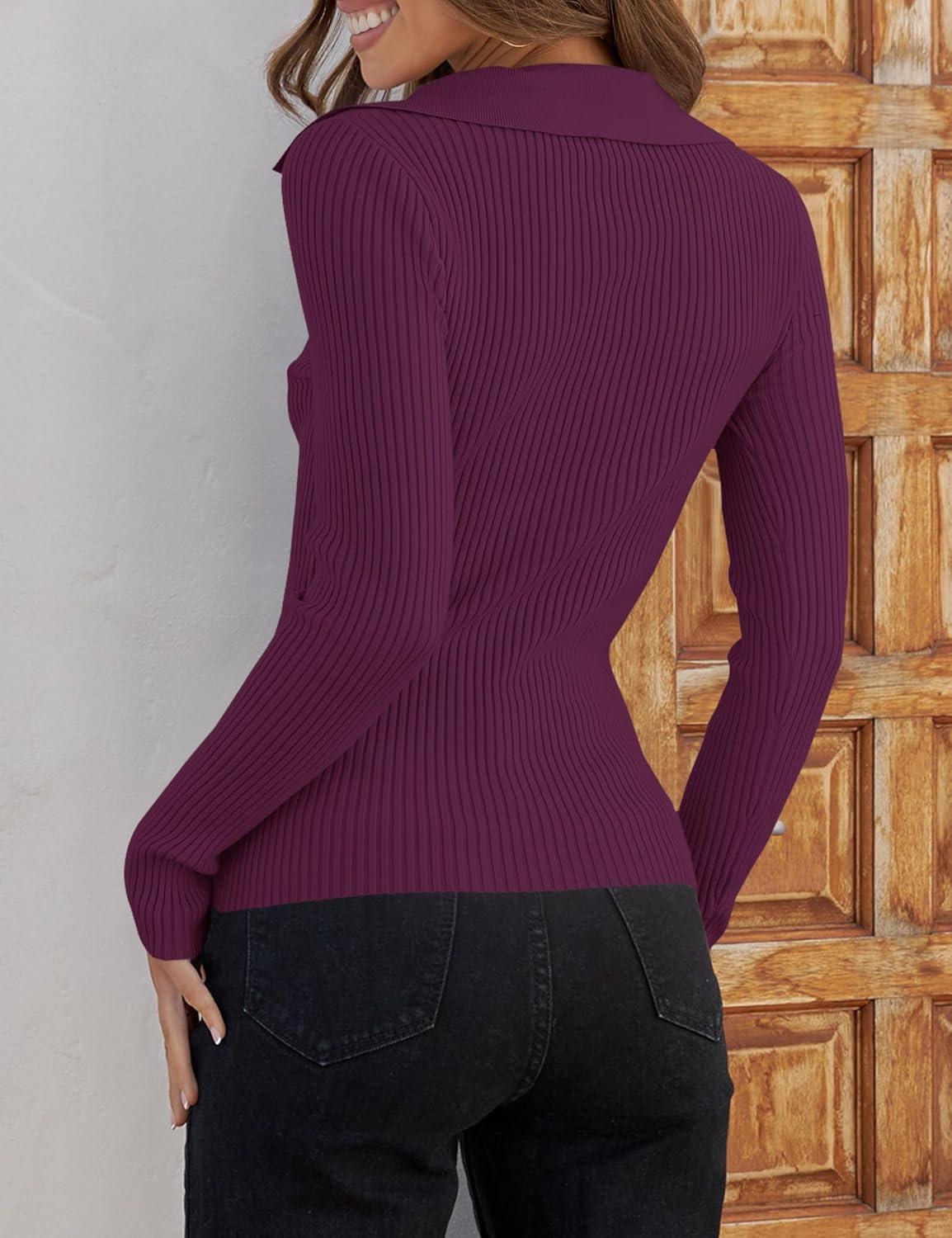 imageZESICA Sweaters for Women 2025 Fall Long Sleeve V Neck Ribbed Knit Pullover Tops Casual Slim Fit Basic Tee ShirtsPlum