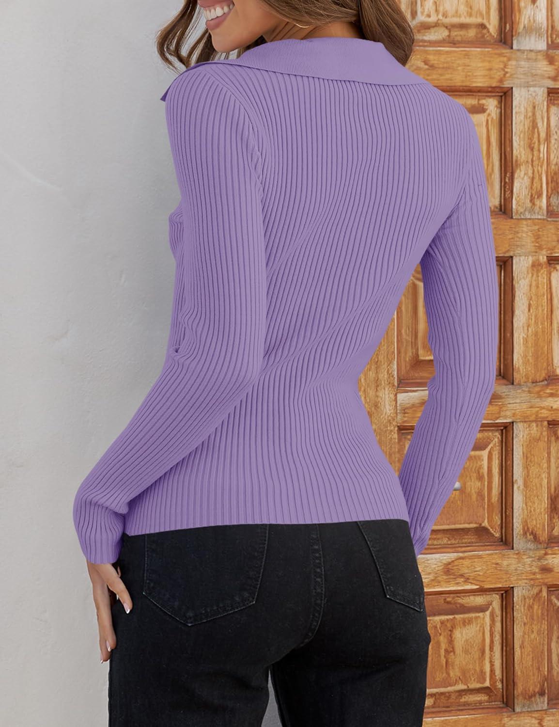 imageZESICA Sweaters for Women 2025 Fall Long Sleeve V Neck Ribbed Knit Pullover Tops Casual Slim Fit Basic Tee ShirtsPurple
