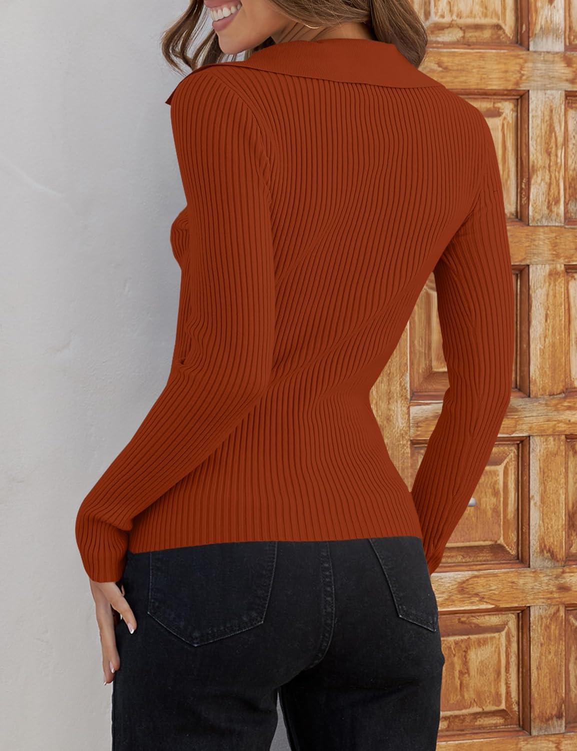 imageZESICA Sweaters for Women 2025 Fall Long Sleeve V Neck Ribbed Knit Pullover Tops Casual Slim Fit Basic Tee ShirtsRust
