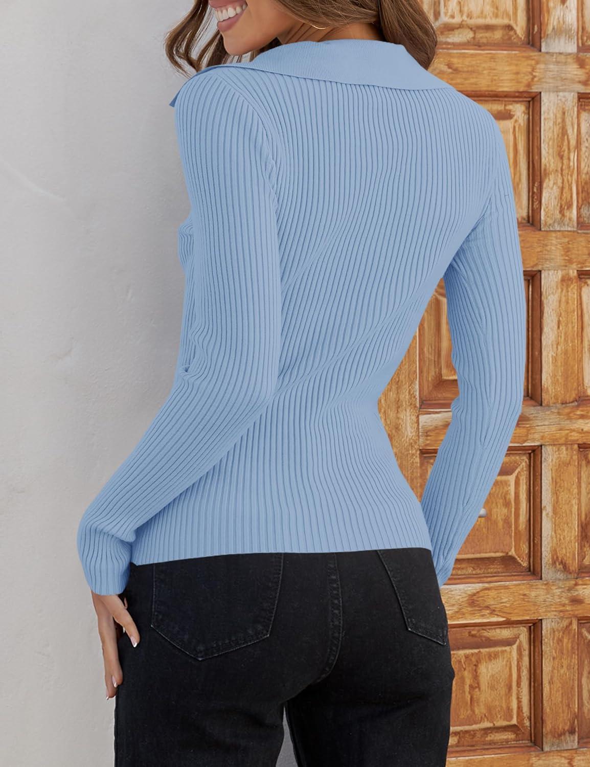 imageZESICA Sweaters for Women 2025 Fall Long Sleeve V Neck Ribbed Knit Pullover Tops Casual Slim Fit Basic Tee ShirtsSky