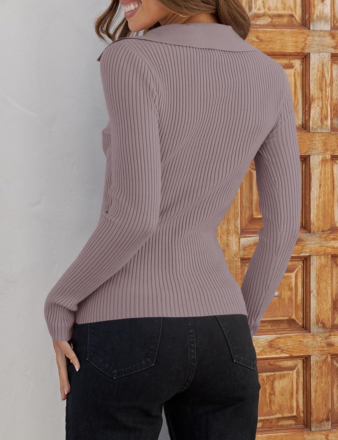 imageZESICA Sweaters for Women 2025 Fall Long Sleeve V Neck Ribbed Knit Pullover Tops Casual Slim Fit Basic Tee ShirtsTaro