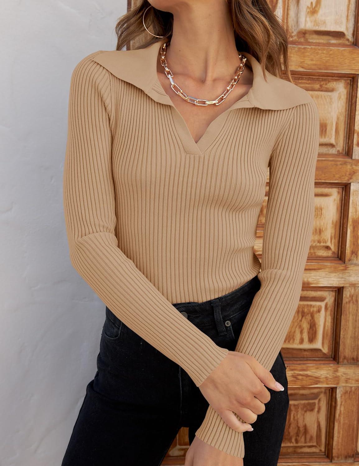 imageZESICA Sweaters for Women 2025 Fall Long Sleeve V Neck Ribbed Knit Pullover Tops Casual Slim Fit Basic Tee ShirtsToffee