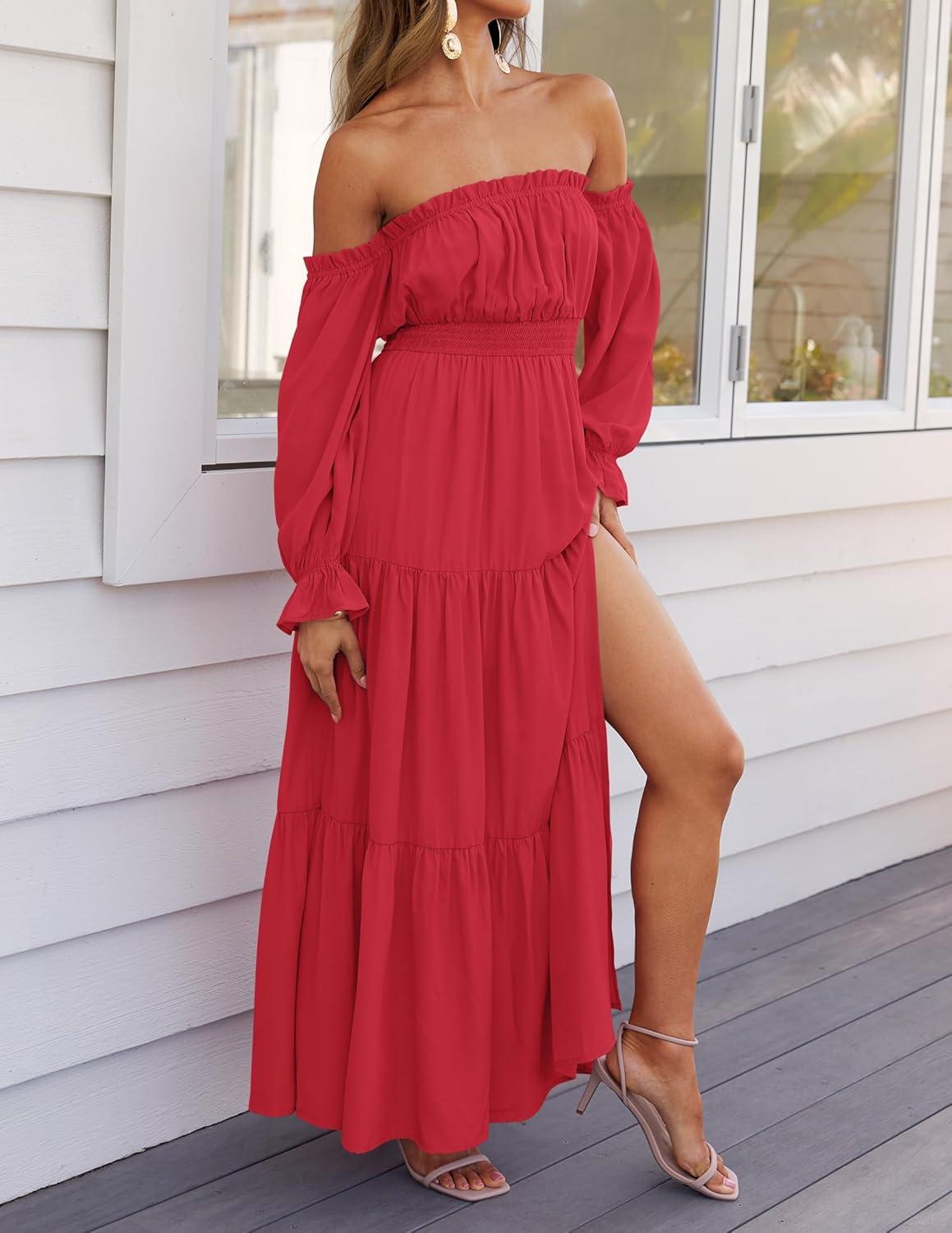 imageZESICA Womens 2025 Boho Sexy Off Shoulder Long Sleeve Smocked High Waist Side Split Flowy A Line Tiered Long Maxi DressCherry