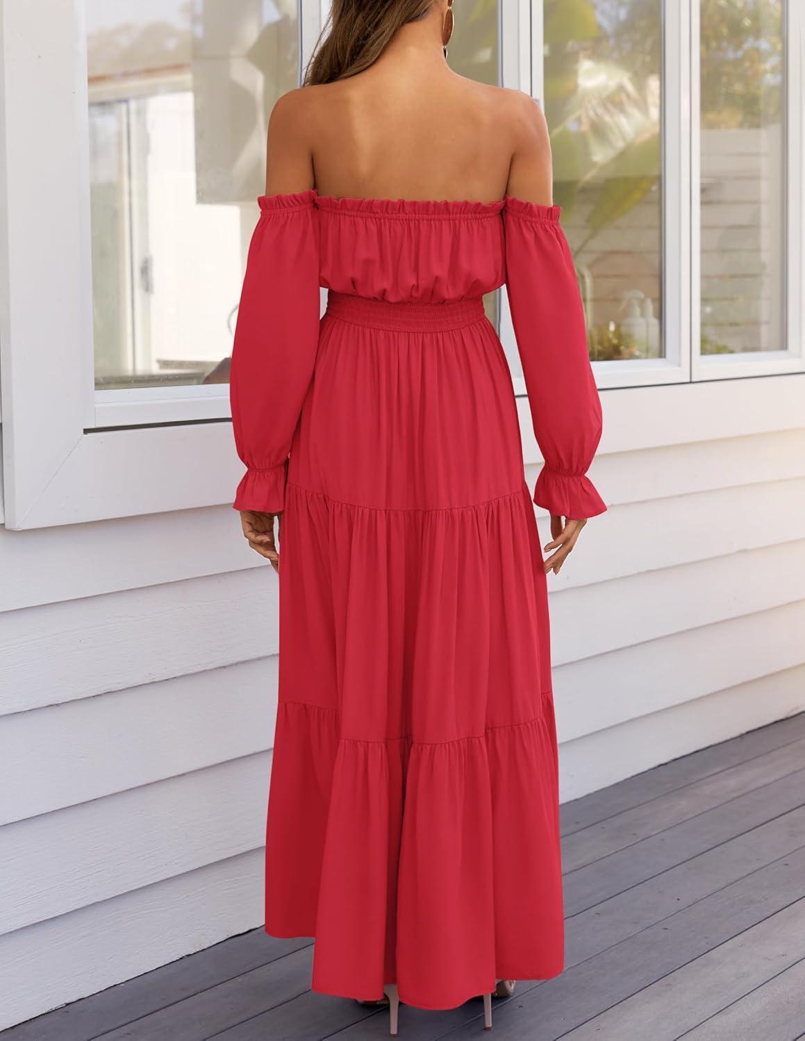 imageZESICA Womens 2025 Boho Sexy Off Shoulder Long Sleeve Smocked High Waist Side Split Flowy A Line Tiered Long Maxi DressCherry