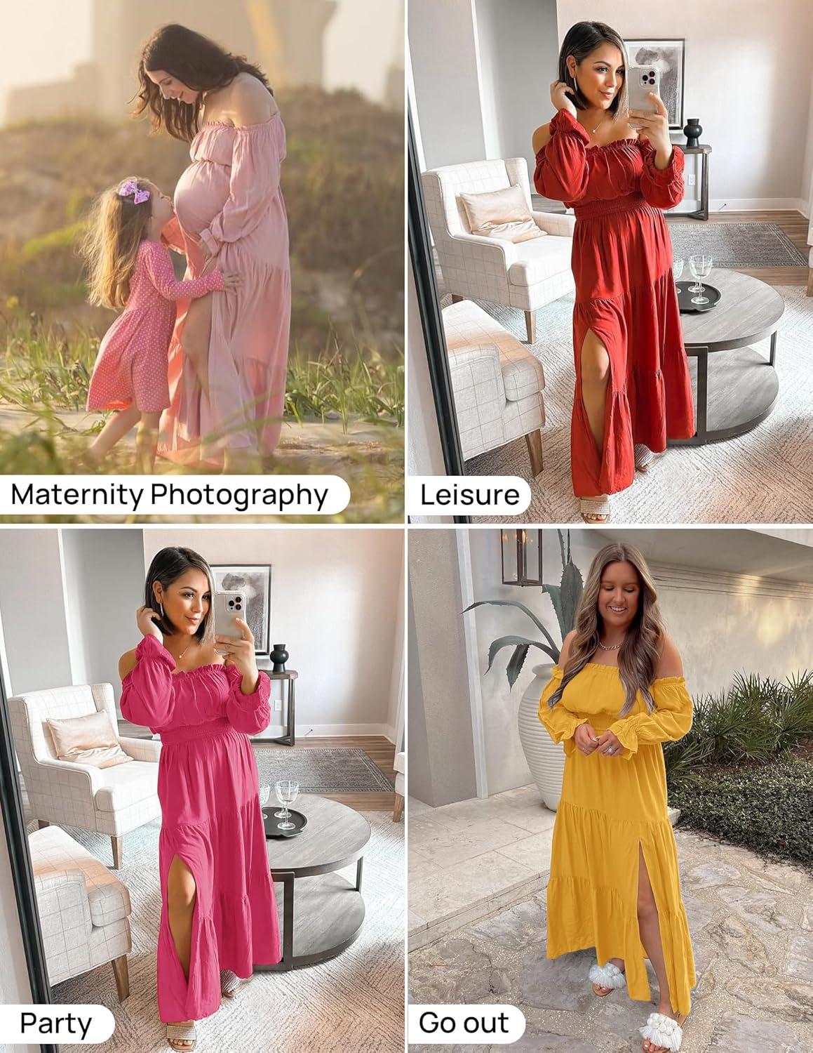 imageZESICA Womens 2025 Boho Sexy Off Shoulder Long Sleeve Smocked High Waist Side Split Flowy A Line Tiered Long Maxi DressCherry