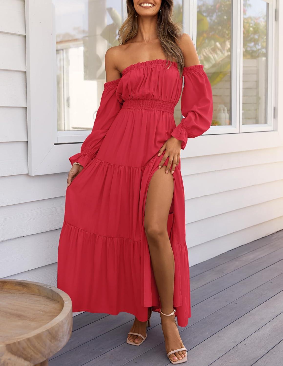 imageZESICA Womens 2025 Boho Sexy Off Shoulder Long Sleeve Smocked High Waist Side Split Flowy A Line Tiered Long Maxi DressCherry