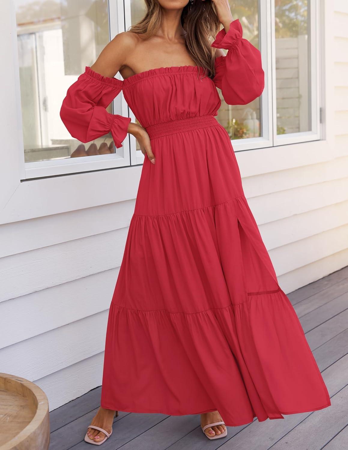imageZESICA Womens 2025 Boho Sexy Off Shoulder Long Sleeve Smocked High Waist Side Split Flowy A Line Tiered Long Maxi DressCherry