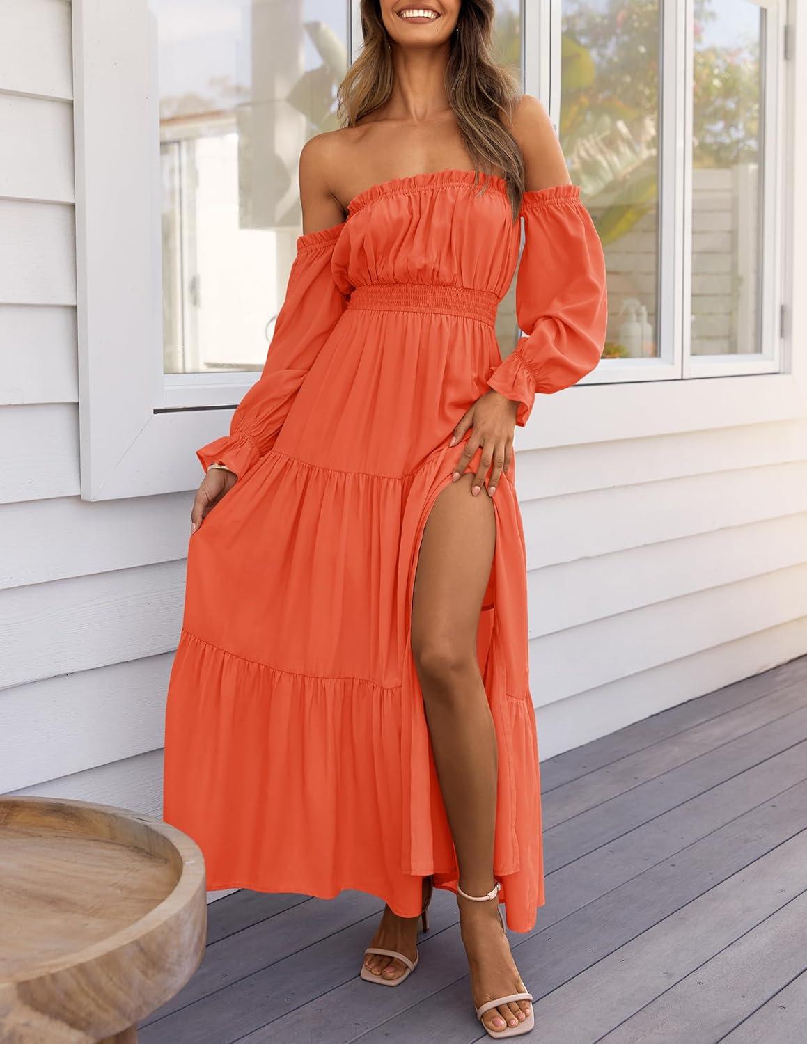 imageZESICA Womens 2025 Boho Sexy Off Shoulder Long Sleeve Smocked High Waist Side Split Flowy A Line Tiered Long Maxi DressOrange