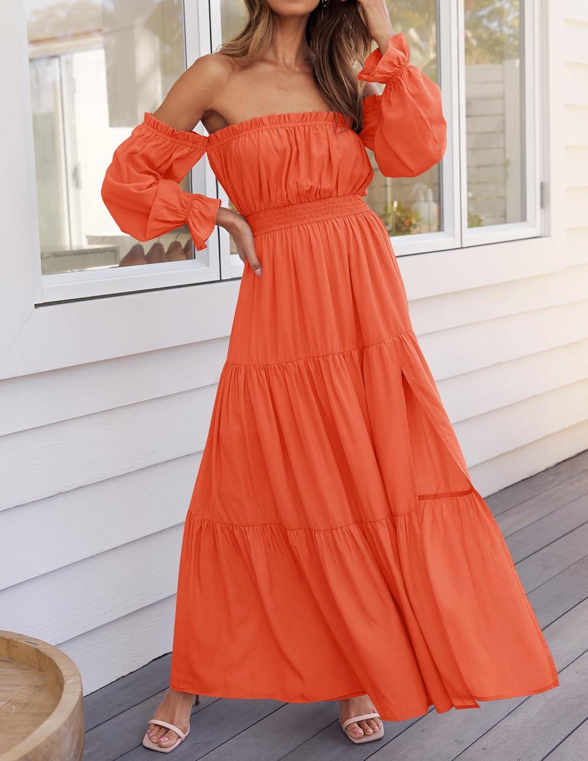 imageZESICA Womens 2025 Boho Sexy Off Shoulder Long Sleeve Smocked High Waist Side Split Flowy A Line Tiered Long Maxi DressOrange