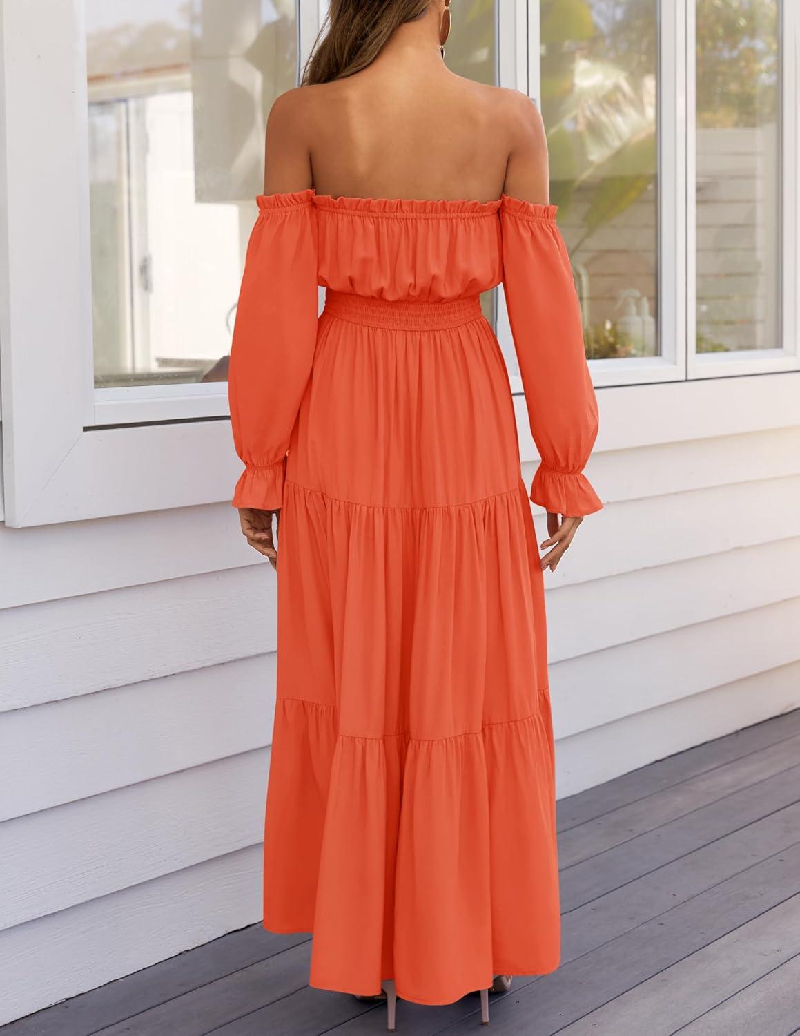 imageZESICA Womens 2025 Boho Sexy Off Shoulder Long Sleeve Smocked High Waist Side Split Flowy A Line Tiered Long Maxi DressOrange