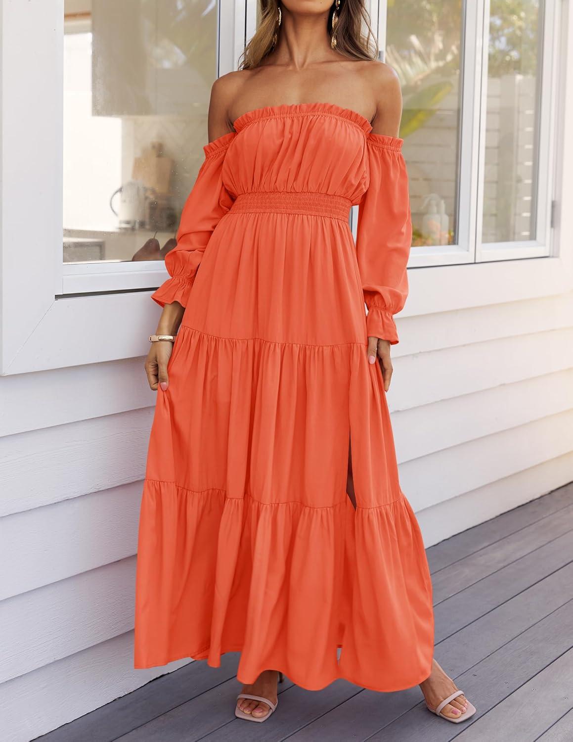 imageZESICA Womens 2025 Boho Sexy Off Shoulder Long Sleeve Smocked High Waist Side Split Flowy A Line Tiered Long Maxi DressOrange