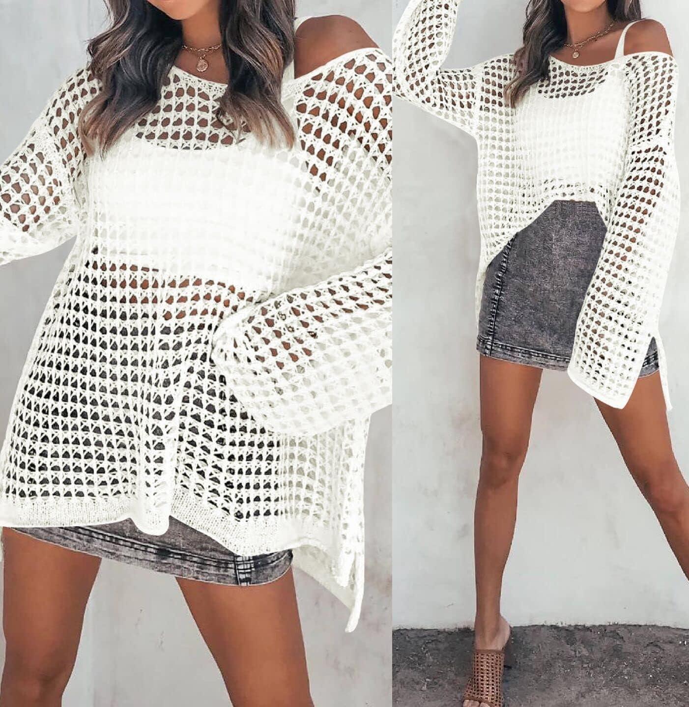 imageZESICA Womens 2025 Summer Crochet Hollow Out Long Sleeve Beach Bikini Swimsuit Mesh Cover Up Tunic TopApricot