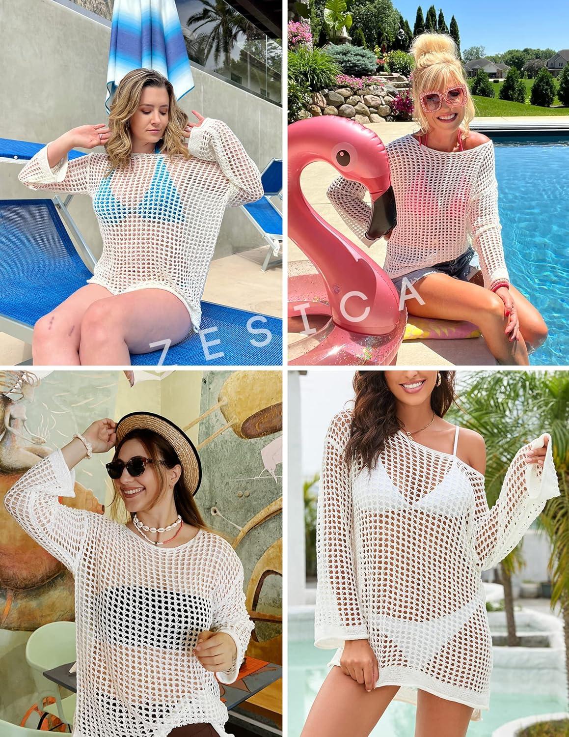 imageZESICA Womens 2025 Summer Crochet Hollow Out Long Sleeve Beach Bikini Swimsuit Mesh Cover Up Tunic TopApricot