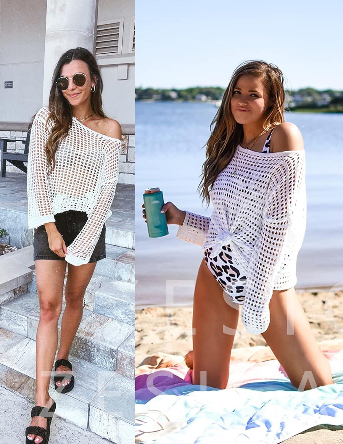imageZESICA Womens 2025 Summer Crochet Hollow Out Long Sleeve Beach Bikini Swimsuit Mesh Cover Up Tunic TopApricot