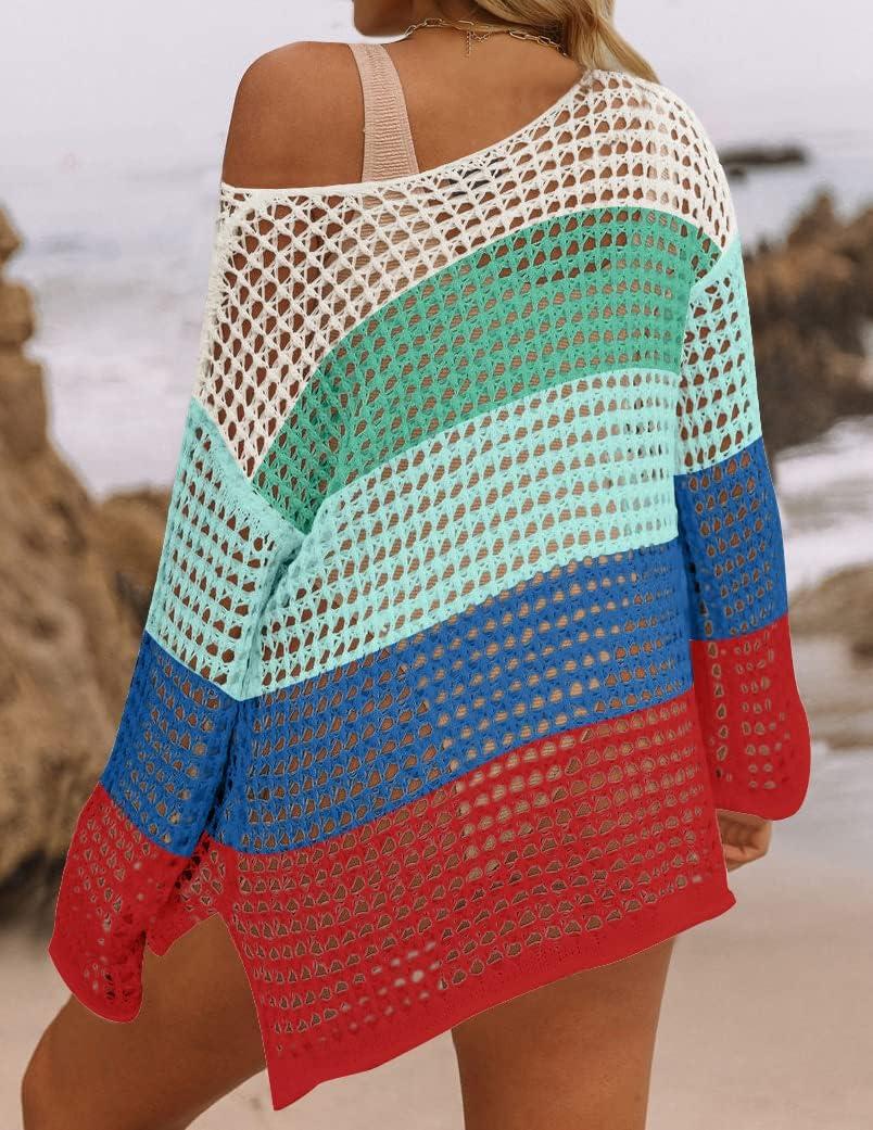 imageZESICA Womens 2025 Summer Crochet Hollow Out Long Sleeve Beach Bikini Swimsuit Mesh Cover Up Tunic TopBluegreen