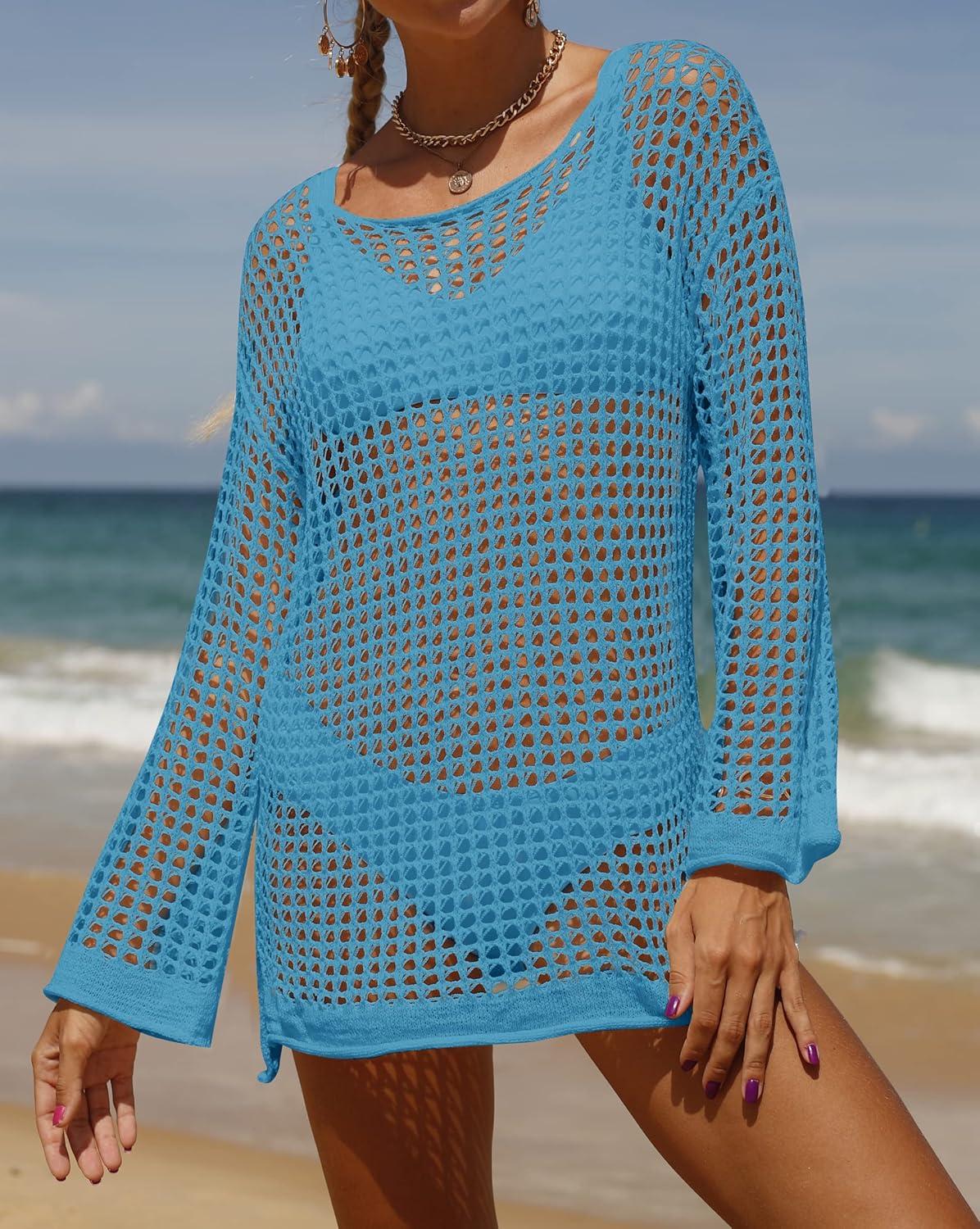 imageZESICA Womens 2025 Summer Crochet Hollow Out Long Sleeve Beach Bikini Swimsuit Mesh Cover Up Tunic TopLakeblue