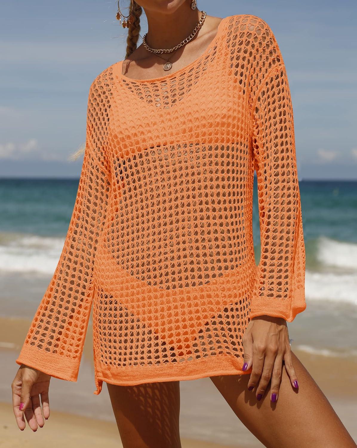 imageZESICA Womens 2025 Summer Crochet Hollow Out Long Sleeve Beach Bikini Swimsuit Mesh Cover Up Tunic TopOrange