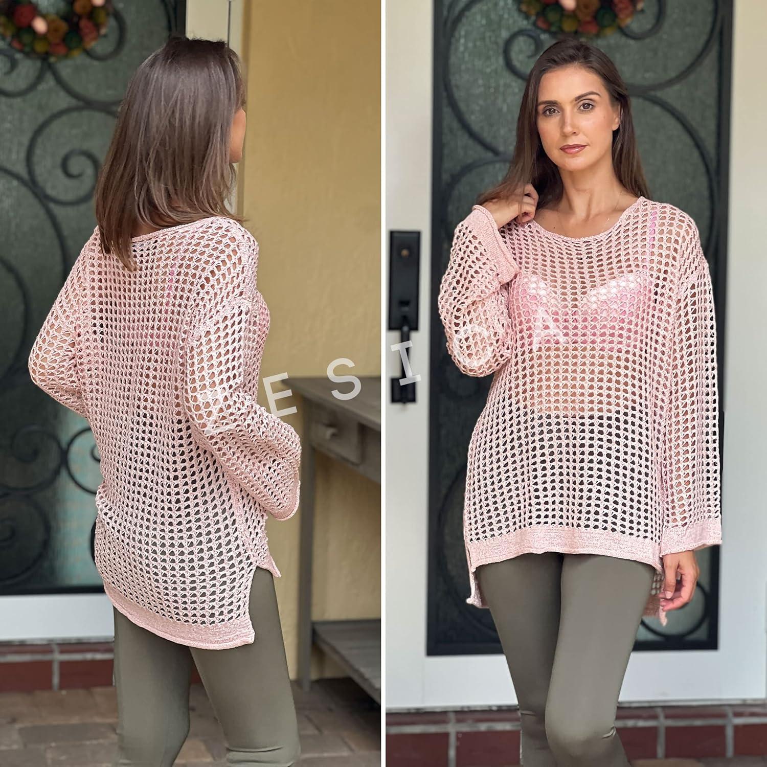 imageZESICA Womens 2025 Summer Crochet Hollow Out Long Sleeve Beach Bikini Swimsuit Mesh Cover Up Tunic TopPink