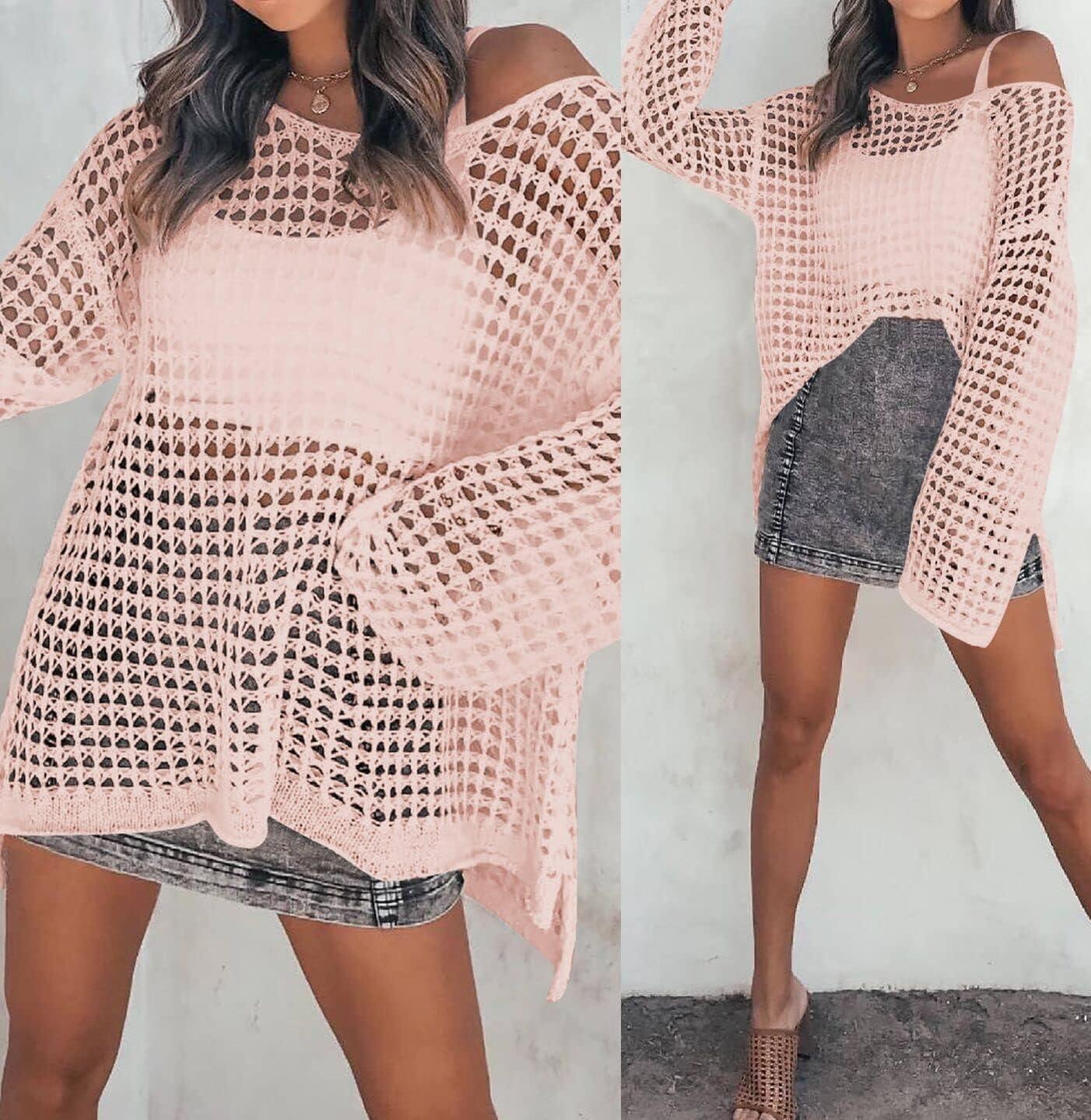 imageZESICA Womens 2025 Summer Crochet Hollow Out Long Sleeve Beach Bikini Swimsuit Mesh Cover Up Tunic TopPink
