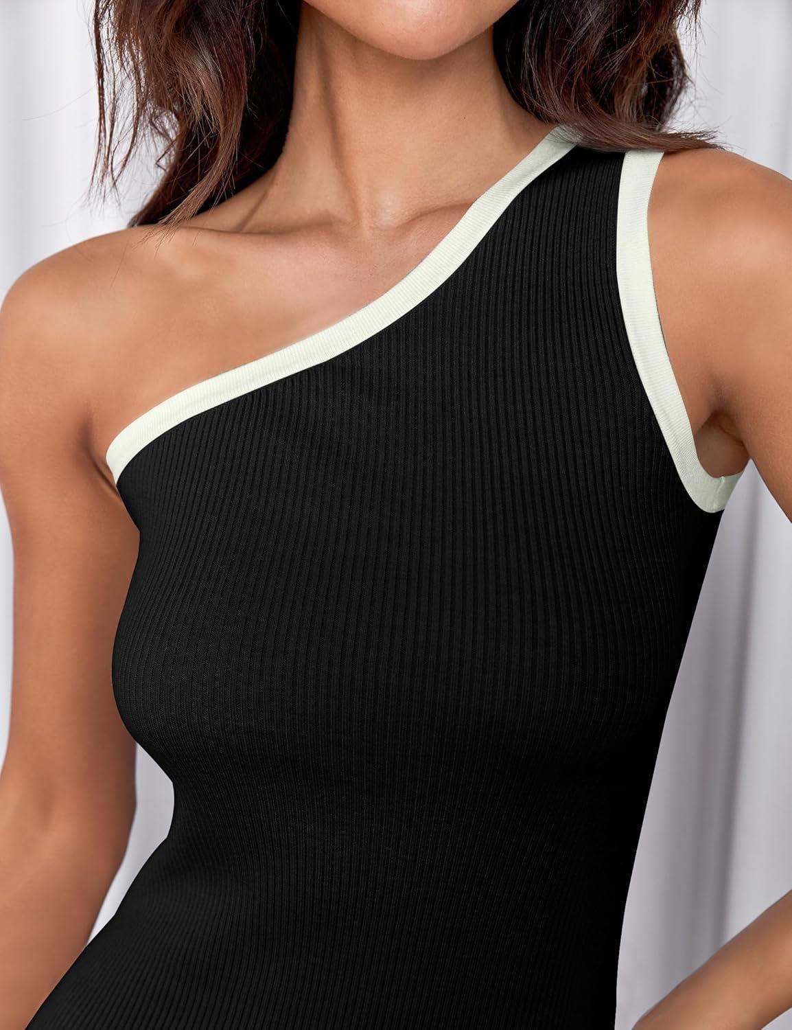 imageZESICA Womens 2025 Summer One Shoulder Bodycon Midi Dresses Casual Sleeveless Ribbed Knit Side Slit Sweater DressBlack