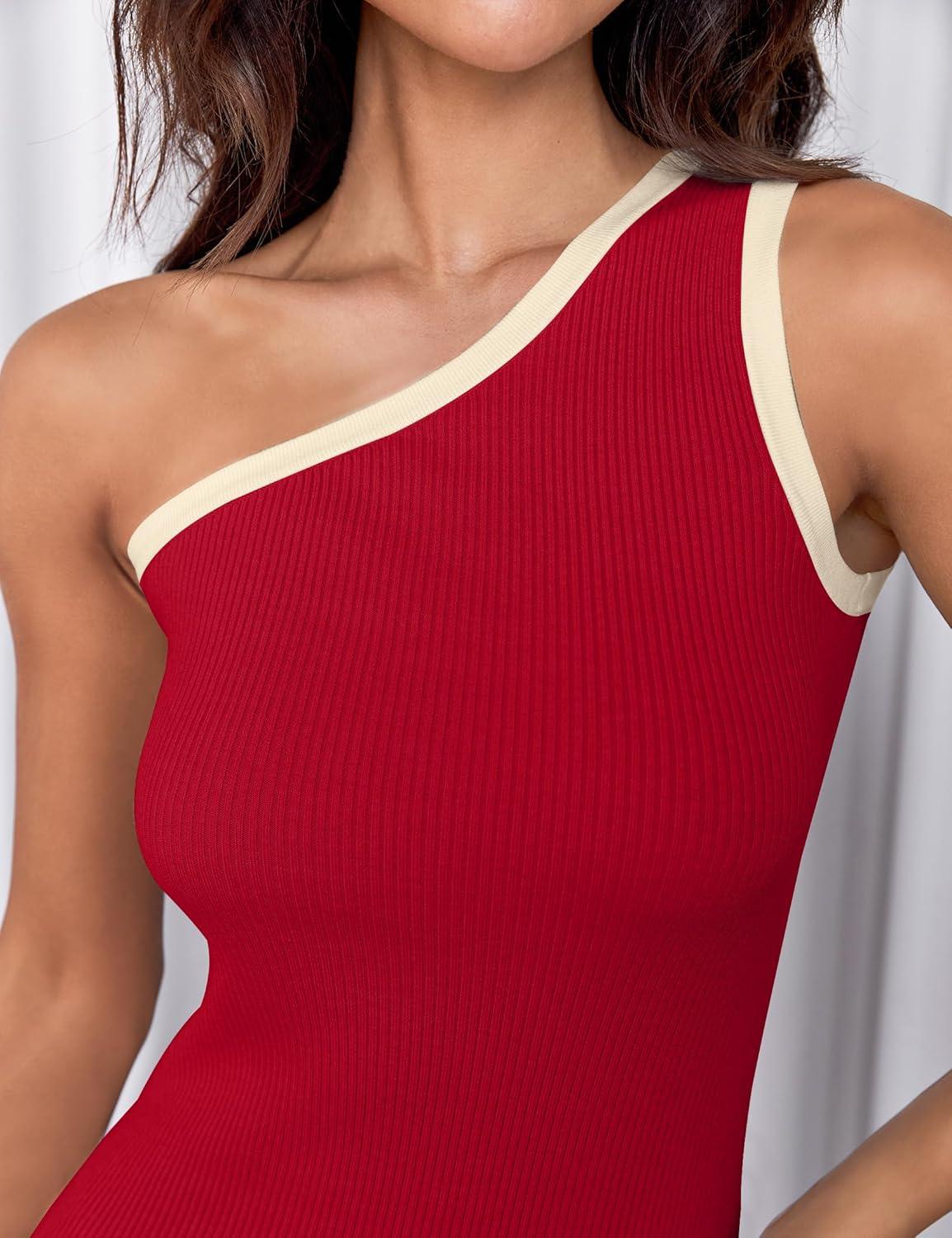 imageZESICA Womens 2025 Summer One Shoulder Bodycon Midi Dresses Casual Sleeveless Ribbed Knit Side Slit Sweater DressRed
